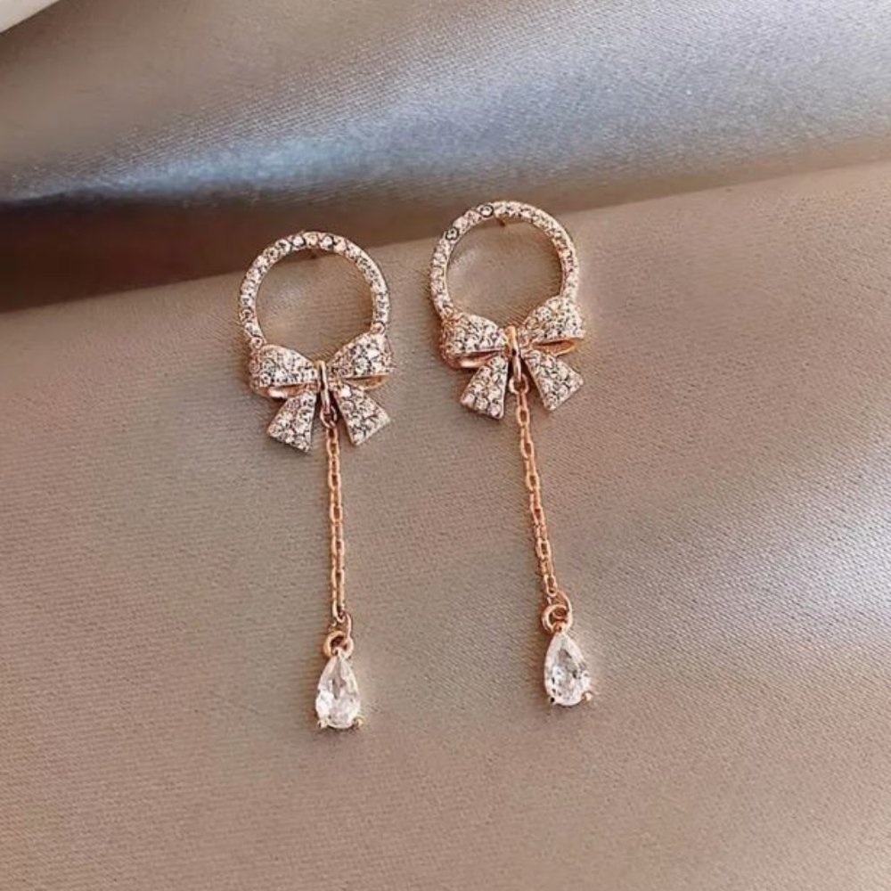 Bow Water Drop Pendant Stud Earrings Charm